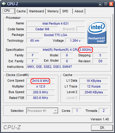 Pentium 4 631 : le coefficient multiplicateur passe de 15 à 12 pour réduire la fréquence et la consommation