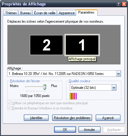 Configuration des écrans sous XP : écran 1 à droite de l´écran 2