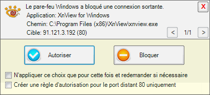 Requête de Windows Firewall Notifier (exemple avec la mise à jour de XNView)