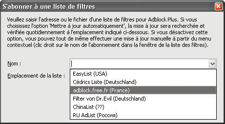S´abonner à la liste de filtres de AdBlock.free.fr
